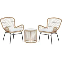 Beliani Balkonset Hellbraun Rattan Stahl Sicherheitsglas 2 Stühle Beistellstisch mit Auflagen Balkon Terrasse Garten - Beige/Schwarz