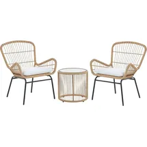 Beliani Balkonset Hellbraun Rattan Stahl Sicherheitsglas 2 Stühle Beistellstisch mit Auflagen Balkon Terrasse Garten - Beige/Schwarz