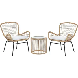 Beliani Balkonset Hellbraun Rattan Stahl Sicherheitsglas 2 Stühle Beistellstisch mit Auflagen Balkon Terrasse Garten - Beige/Schwarz