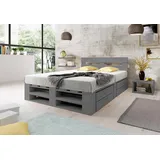 Lermowood Palettenbett M2 aus Holz 200 x 200 cm Grau mit Kopfteil und 2 Bettkästen Holzbett 30cm Stabiles Seniorenbett Kinderbett Jugendbett Gästebett erhöhtes Bettgestell Futon Komforthöhe Naturholz