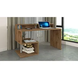 Dmora Schreibtisch Alain, Linearer Schreibtisch mit Ablagefächern und LED-Leuchten, Mehrzweck-Büroschreibtisch mit Platte, 140x60h93 cm, Eiche - Braun