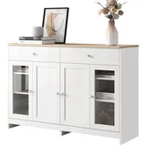 Rutaqian Kommode Sideboard mit weißer Holzmaserung, vier Türen, mit zwei Schubladen (Tür mit Glas, Beistellschrank mit Viel Stauraum. Holzfarbe und Weiß), Lagerschrank für Flur Esszimmer Wohnzimmer oder Küche 120x37x80 cm weiß