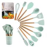 Küchenhelfer Set, 12 Stück Antihaft Hitzebeständiger Holzgriff Kochbesteck mit Utensilienhalter, Holzgriff-Küchenhelfer Silikon Küchenhelfer Kochutensilien Kochgeschirr Spülmaschinengeeignet(Hellgrün)