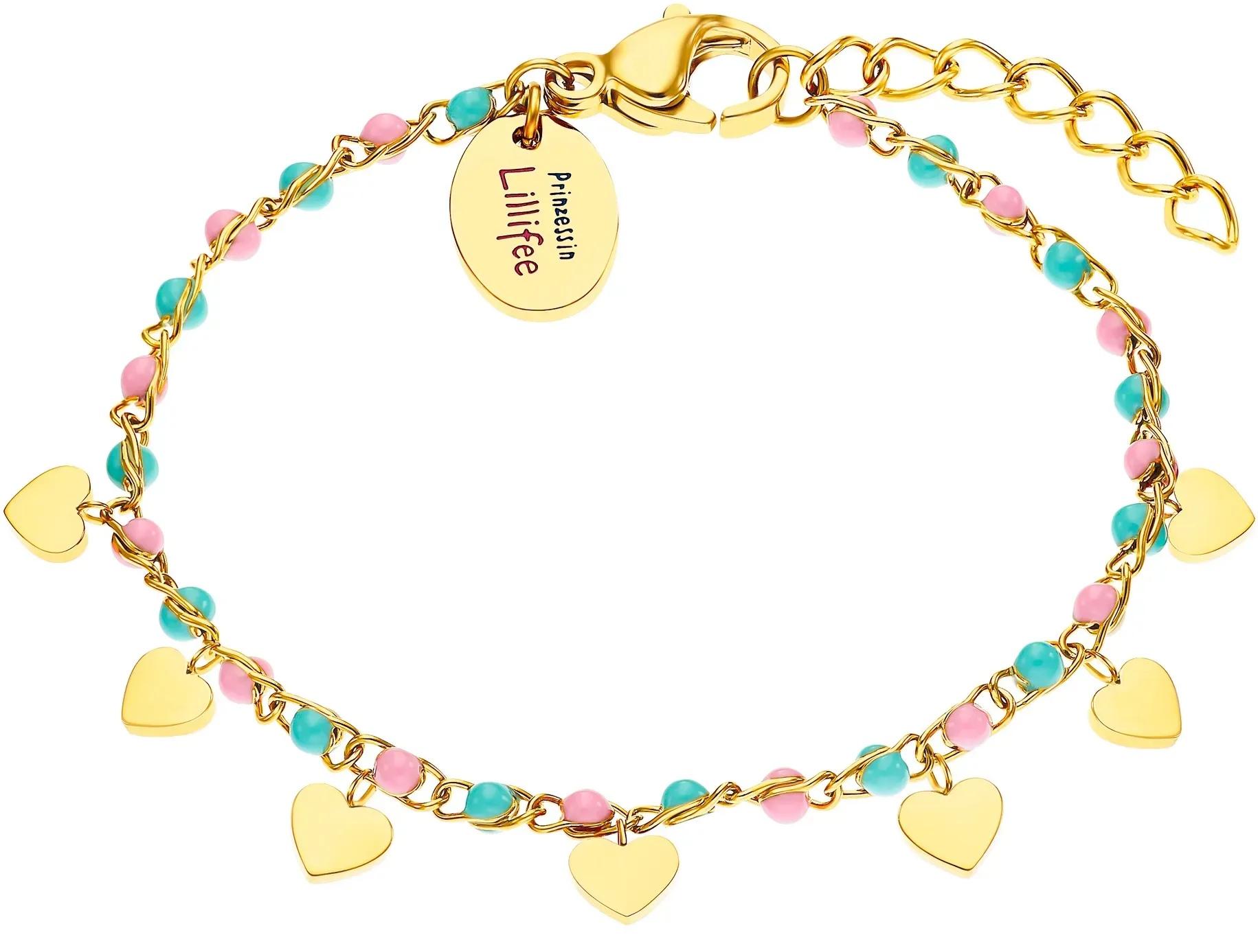 Armband PRINZESSIN LILLIFEE "Herzen, 2033365", bunt (gelbgoldfarben, blau, rosa), Armbänder, Mädchen, Edelstahl