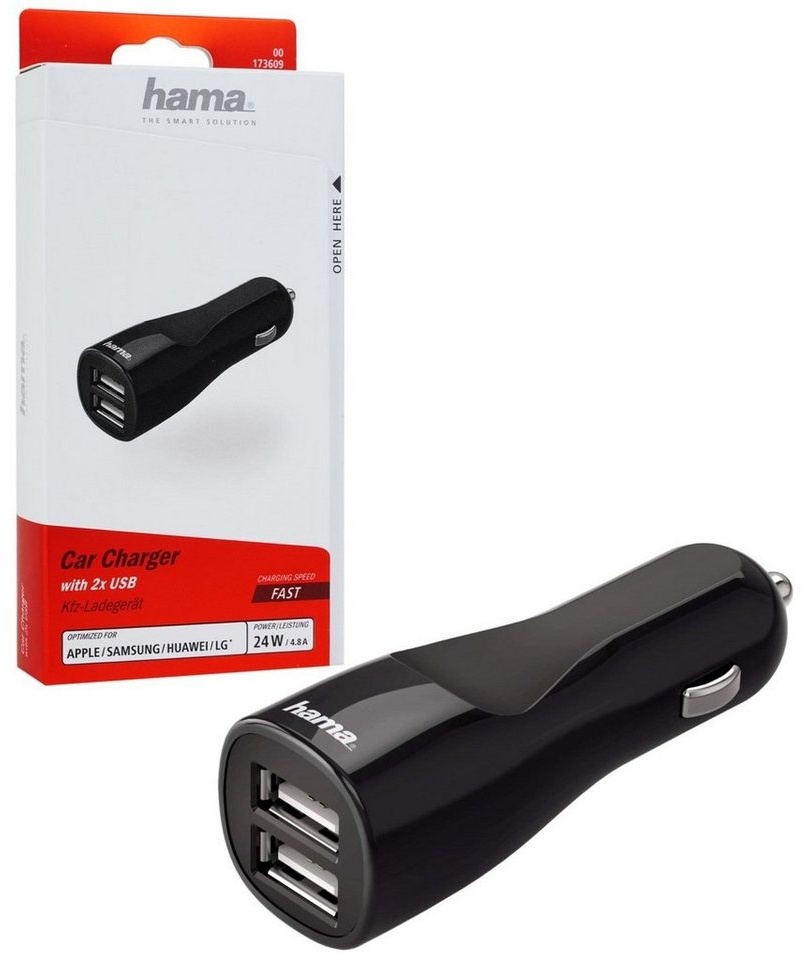 Hama Dual KFZ Lader 4,8A USB Ladegerät 12V 24V Smartphone-Kabel, USB, schnelles Aufladen Lade-Adapter für Tablet PC Handy iPhone etc. schwarz