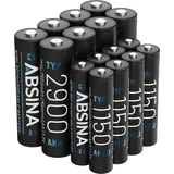 Absina 8x AA Mignon 2900 & 8x AAA Micro 1150 Akku - NiMH Wiederaufladbare Akkus mit 1,2V für Blitzgerät, Controller, Telefon