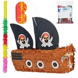 relaxdays Papierdekoration 4-tlg. Pinata Set Piratenschiff braun|gelb|schwarz