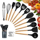 Küchenhelfer Set, KagoLing küchenutensilien set Antihaftes Hitzebeständiges küchenhelfer set silikon mit Holzgriff 22 Stücke Küchengerät Inkl Löffel, Tongs, Schneebesen, Spachtel