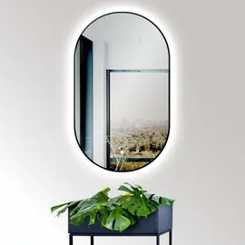 PonteSino HOKO Badspiegel LED 45x75 cm Wandspiegel Oval+Rahmen+LED Wechsel Warmweiß-Kaltweiß-Neutral 2700-6500K+Touch Schalter+Memory-Funktion. Turin - Schwarz