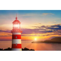 Fototapete PAPERMOON "LEUCHTTURM-SONNENUNTERGANG WIESE MEER OZEAN KÜSTE BERGE", bunt, B:3,00m L:2,23m, Vlies, Tapeten