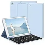 aoub Hülle mit Tastatur für iPad 9./8./ 7. Generation, Kabellose QWERTZ Tastatur Hülle mit Stifthalter für iPad 10,2 Zoll 2021/2020/2019, Himmelblau