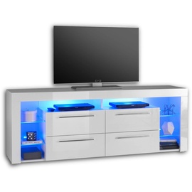Stella Trading TV-Lowboard GOAL Weiß Hochglanz mit blauer LED-Beleuchtung - hochwertiges Board mit viel Stauraum für Ihr Wohnzimmer - 179 x 67 x 44 cm