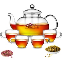 Kyraton 1000 ml Teekanne aus Glas mit herausnehmbarem Teesieb und Blüh und Loseblatt-Teezubereiter und 4 Teetassen aus Glas, Herdplatten- und mikrowellenfester Teekessel.