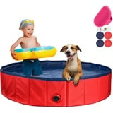 Stabiler Hundepool | Planschbecken für Hunde | Faltbarer Pool mit Ablassventil | rutschfeste Badewanne | Bällebad Kinder | Bälle Bad inkl. Badebürste & Reparaturset - Dog Pool 160x30 (Red)