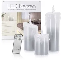 LED Universum Acryl Glitzer Kerze Silber 3er Set "Liza" Deko Timer Fernbedienung