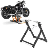 Set: Hebebühne Midlift L passend für Chopper / Custombike bis 680kg orange ConStands mit Wuchtbock Motorrad WU-2 Auswuchtgerät sw CB38734