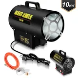 Lospitch Gasheizgeblaese 10kw Gas Heizgeraet inkl Verbindungschlauch und Druckminderer Heizleistung fuer handelsuebliche Gasflaschen, Piezozuendung - Schwarz