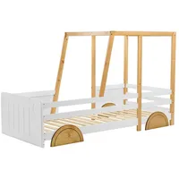 Odikalo Kinderbett Autobett MDF-Rädern Rahmen aus Kiefer weiß + natur (90x200cm)