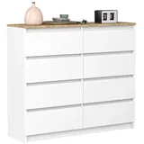 VBChome Kommode mit 8 Schubladen Weiß mit Eiche 120 x 39 x 105 cm Grifflose Schubladenkommode Holz Mehrzweckschrank Mehrzweckschrank für Flur Schlafzimmer Wohnzimmer Kinderzimmer