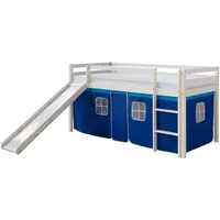 Homestyle4u Hochbett weiß mit Rutsche und Stoffvorhang blau