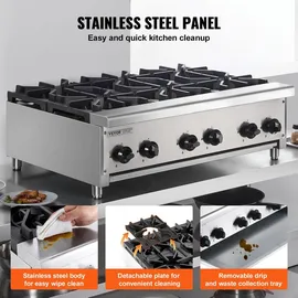 Vevor Kommerzieller Gasherd Gaskochherd mit 6 Gaskochfelder, Propan / Erdgas-Kochherd Edelstahl-Gaskochplatte, kommerzielles Kochgerät 915 x 775 x 335 mm für Restaurants Hotel Café 42 kW