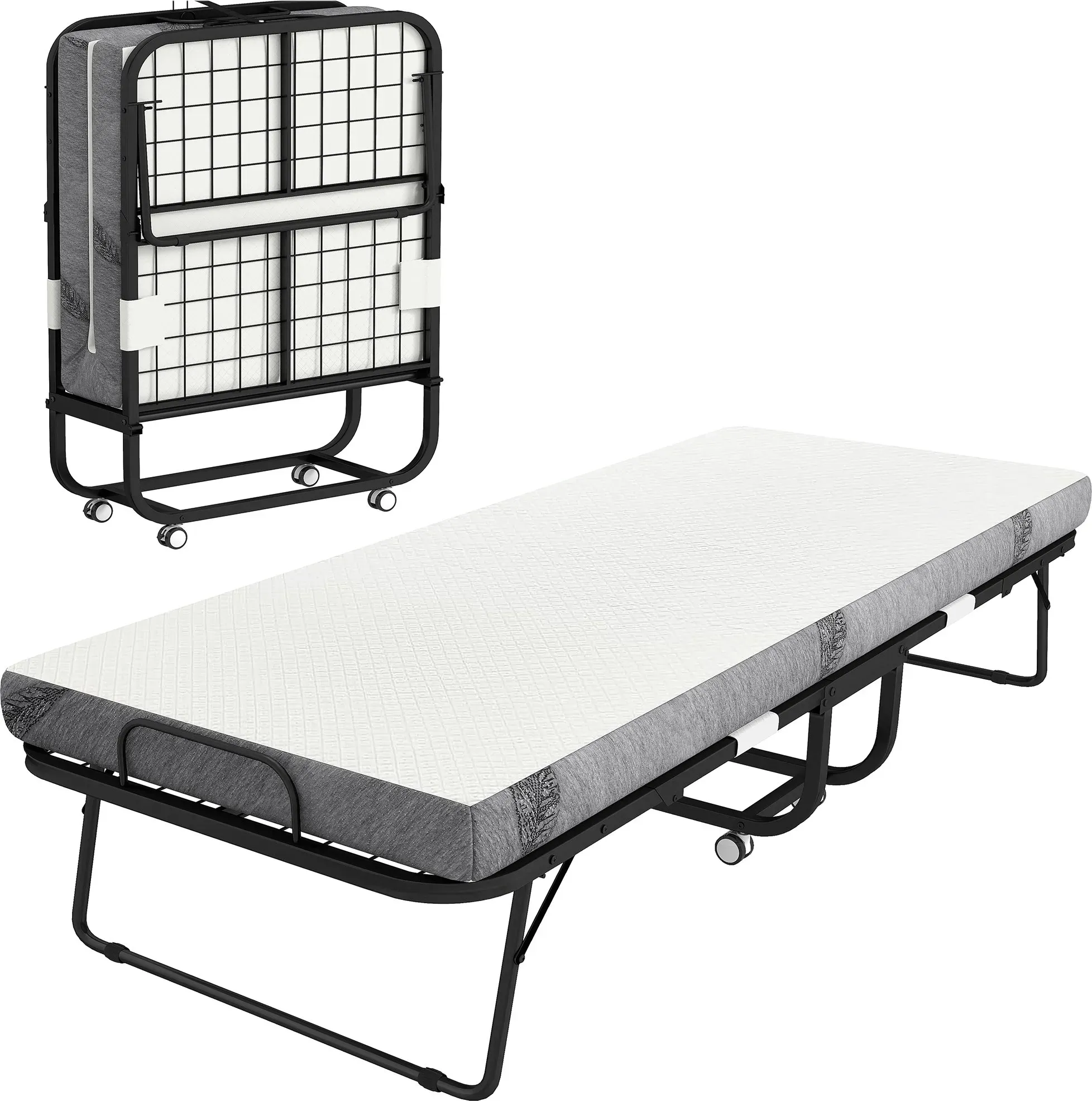 HOMCOM Gästebett Klappbett  mit Rollen, Stahl+Schaumstoff, Weiß+Schwarz, 200x75x42,5cm  Aosom