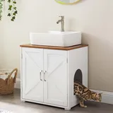 unipaws Katzenklo Schrank, 2-in-1 Waschbeckenunterschrank mit Katzenklo, wasserfestes Katzenmöbel mit Tür, Flexibler Einstieg, Weiß/Walnuss, 60×44×60 cm