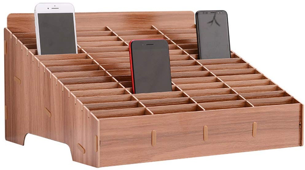 ECOSWAY Multi-Grid Holz Handy Management Aufbewahrungsbox Desktop Organizer,Shop Display Case Finishing Grid Organizer Box für Büro Klassenzimmer,Handyhülle gehärtete Folie Aufbewahrungsregal