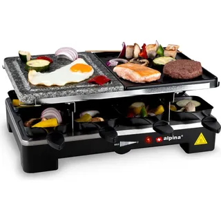 Alpina Elektrogrill WJ-K202A - Tischgrill Elektrisch 1200W - Raclette 8 Personen mit 2 Lagen - mit 8 Pfannen und 8 Spachteln - Antihaftbeschichtung - 3-in-1 Pfannen, Backblech und Steingrill - Schwarz