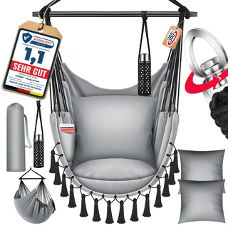 Kesser KESSER® Hängesessel mit 2 Kissen Getränkehalter & Bücherfach - Safari XXL Hängestuhl für Erwachsene & Kinder Hängematte bis 150 kg Hängesitz Aufhängung Indoor & Outdoor Wohn & Garten Terrasse