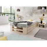 Lermowood Palettenbett M2 aus Holz 100 x 200 cm Natur mit Lattenrost und 2 Bettkästen Holzbett 30cm Stabiles Seniorenbett Kinderbett Jugendbett Gästebett erhöhtes Bettgestell Futonbett Komforthöhe