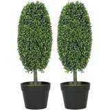 Homcom 2er-Set Künstliche Buchsbaum 60 cm Kunstpflanze im Olivenform, künstliche Pflanzen im Topf, UV-beständig Kunstbaum Fake Plant wie echt Dekoration für Wohnzimmer Schlafzimmer Outdoor