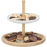 Relaxdays Etagere Bambus und Keramik, 2-stöckig, Servierplatte, DxH: 25 x 25 cm für Kekse, Obst, Knabberzeug, natur-weiß