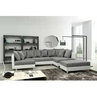 Wohnlandschaft Sofa Couch Ecksofa Eckcouch + Hocker weiß / hellgrau Minsk XXL