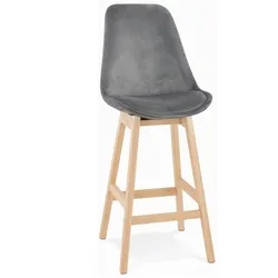 Küchenhocker aus Holz und grauem Samt | Mittelhoher Snackhocker mit umhüllender Rückenlehne | Vintage Modern Zeitgenössisch | Kadima Design