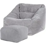 I.C.O.N. Icon Sitzsack Sessel mit Hocker für Erwachsene, Grau, Flauschiger Cord Stoff, Riesen Sitzsack Cord mit Füllung, Bean Bag Chair, Bequemer Sessel Wohnzimmer, Lounge, Schlafzimmer, Büro