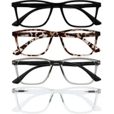 OPULIZE NYX Blaulichtfilter Lesebrille für Damen Herren - Blendfreie UV400-Schutz Federscharnier Anti-Müdigkeit - 4er-Pack - Rechteckiger Rahmen - Schwarz Braun Grau Klar - + 1,00
