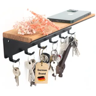 Astrein® | Schlüsselbrett mit 6 Haken | Schlüsselboard aus Holz | Eiche | Wandorganizer | Schlüsselkasten | Schlüsselhalter mit Ablage | Schlüsselaufbewahrung Metall schwarz | 30x8x8cm