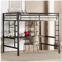 Ulife Hochbett Schwarz Metallbett mit Schreibtisch und 2 Bücherregalen ohne Stuhl 140x200cm schwarz