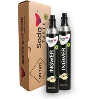 SodaTASTE CO2-Zylinder kaufen 2er-Pack (Reservezylinder) für Wassersprudler, mit natürlichem Ingwer-Aroma, ohne Sirup, für bis zu 120l gesprudeltes Wasser mit Geschmack, zuckerfrei