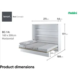 meblini Schrankbett Bed Concept - Wandbett mit Lattenrost - Klappbett mit Schrank - Wandklappbett - Murphy Bed - Bettschrank - BC-14-160x200cm Horizontal - Weiß