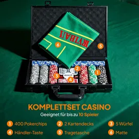 sportnow Pokerkoffer Pokerset, Poker Komplett Set mit 400 Chips, 11,5 Gramm, 2 Kartendecks, 5 Würfeln, Innenfächer, Dealer-Scheibe, Spielmatte, Aluminiumkoffer