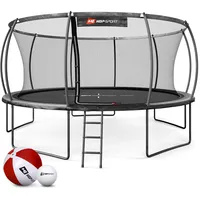 Hop-Sport Trampolin Outdoor Ø 305/366/427/488 cm - Trampolin mit innovativen, gebogenen Netzstangen, Sicherheitszertifikaten und Sicherheitsnetz (Grau/Schwarz, 488 cm)