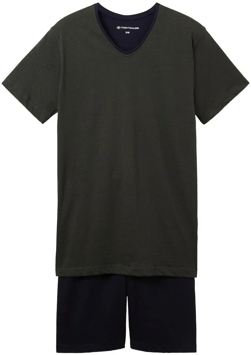 TOM TAILOR Herren Pyjama Shorty, grün, Streifenmuster, Gr. 52