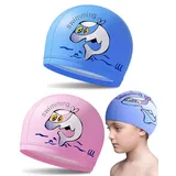 BPTRKOM 2 Stück Niedliche Badekappen für Kinder – Karikatur-Druck & Elastisches Polyester | Perfekt für Jungen & Mädchen im Alter von 1-8 Jahren | Spaß & Sicherheit beim Schwimmen(blau+rosa)