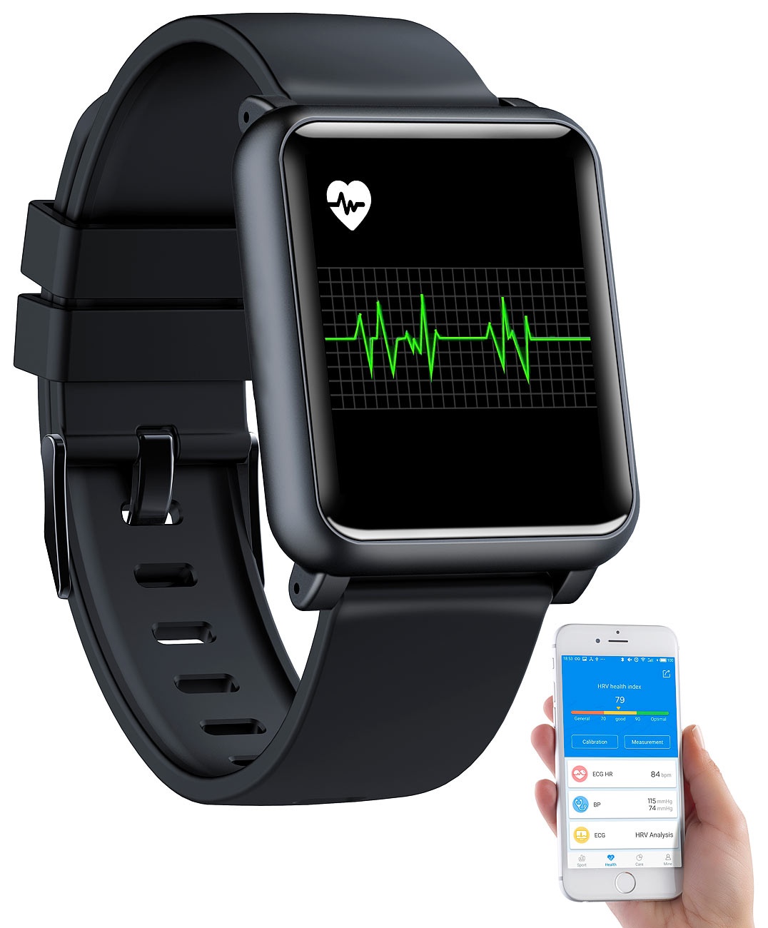 Fitness-Uhr mit Blutdruckanzeige, EKG, Bluetooth, Touchdisplay, IP68