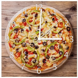 Wallario Wanduhr Italienische Pizza mit Peperoni, Oliven. Paprika und Käse (Aluverbunduhr) gelb