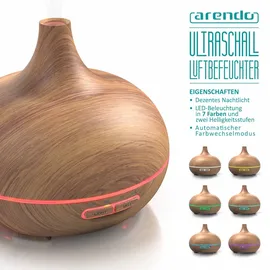 Arendo Diffuser, Luftbefeuchter, Vernebler in Holz Optik, Diffusor mit 7 Farben LED, Timer Funktion, 300ml, Hellbraun