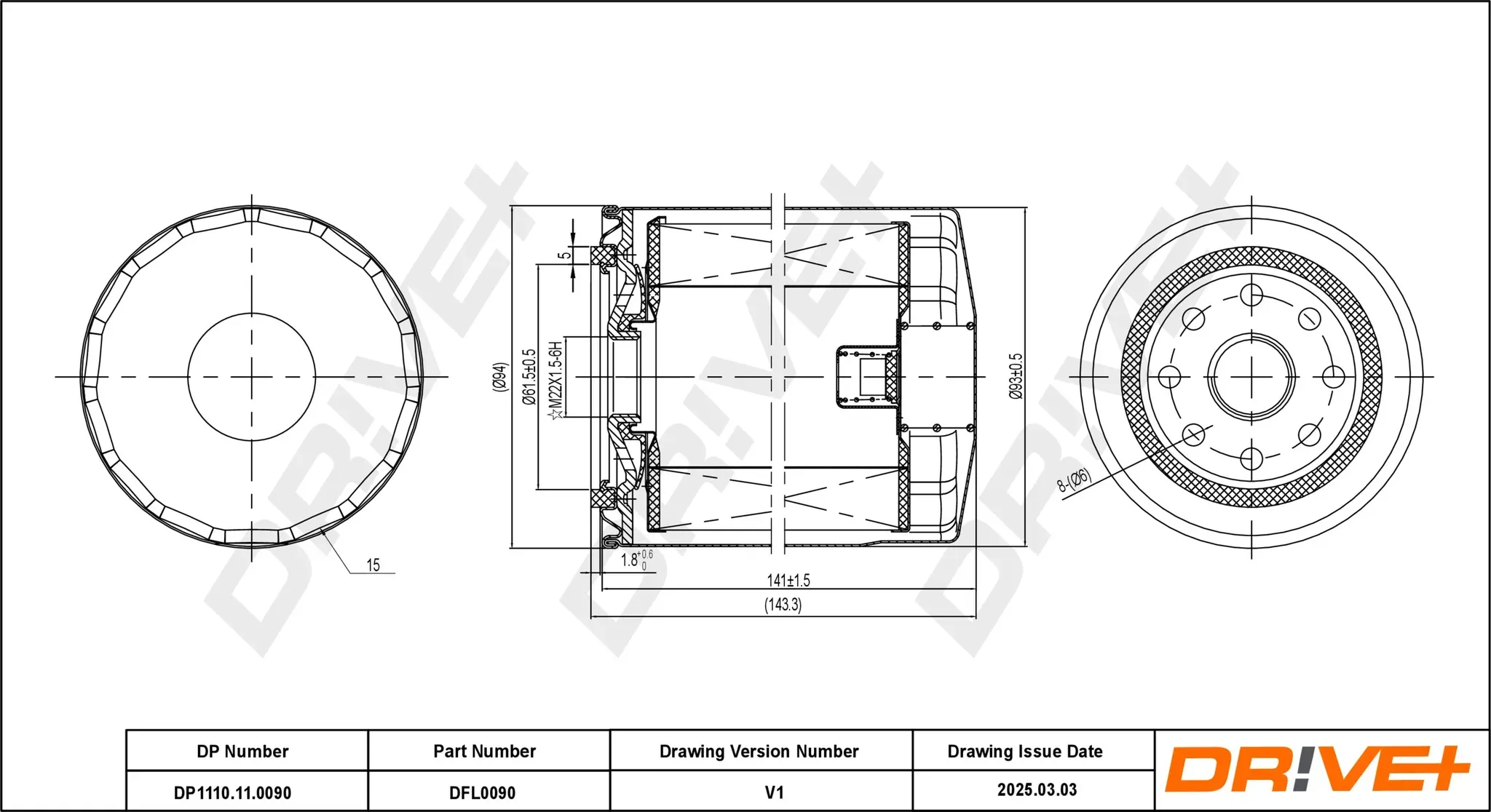 DRIVE+ Ölfilter dp1110110090 Anschraubfilter 144mm GewindemaßM22x1.5-6H für Iveco Fiat Peugeot Citroën