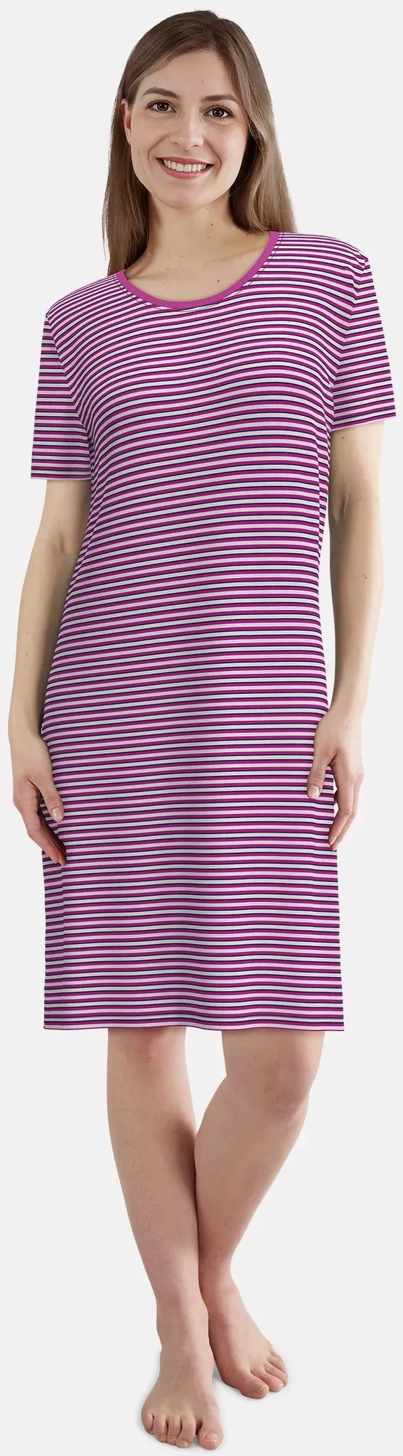 Nachthemd GÖTZBURG, Damen, Gr. 46, N-Gr, pink (rot, mittel, ringel), Single Jersey, Obermaterial: 100% Baumwolle, bequem knielang, Rundhals, gerader Abschluss, Kleider Nachthemd, knielang, gestreift, Kurzarm, Rundhalsausschnitt, Baumwolle